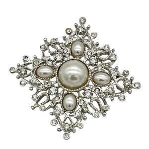 St John Faux Pearl and Rhinestones Silver Tone Brooch Pin Signed Vintage